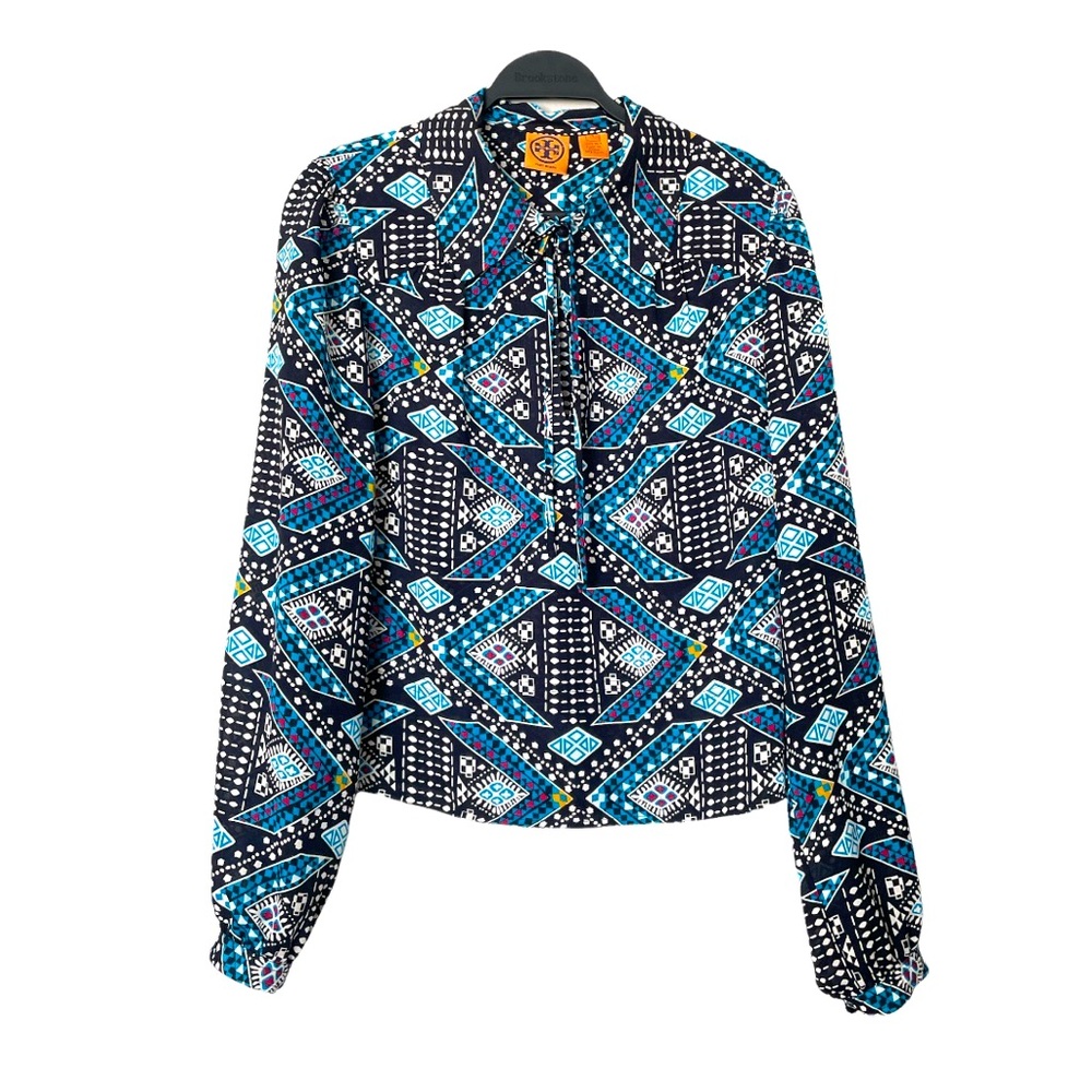 Tory Burch Geometric 100% Silk Shirt Long Sleeves Blue/Black Tie Front Size 8
